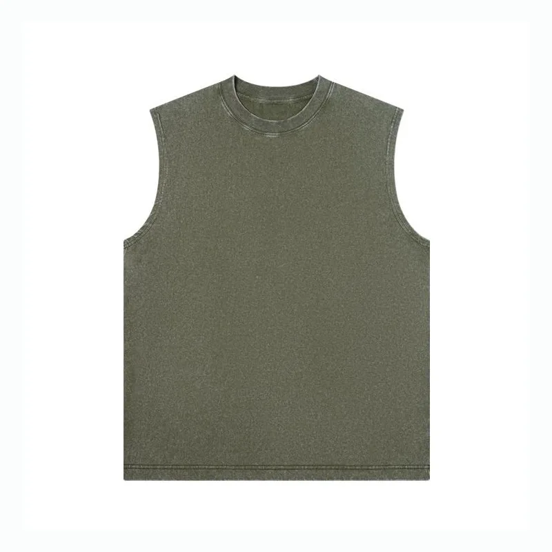 230g Pure Cotton European and American High Street Retro Washed Distressed Sleeveless Vest Men's Casual Loose Shoulder T-shirt