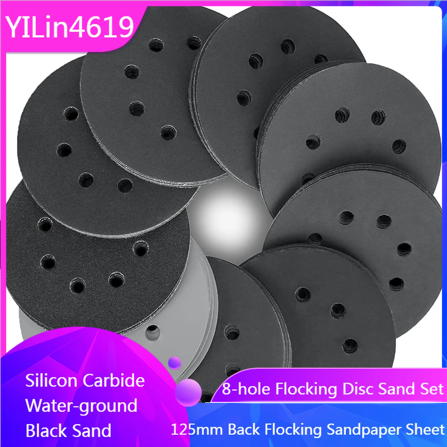 5-inch 8-hole Flocking Disc Sand Set, Silicon Carbide Water-ground Black Sand, 125mm Back Flocking Sandpaper Sheet