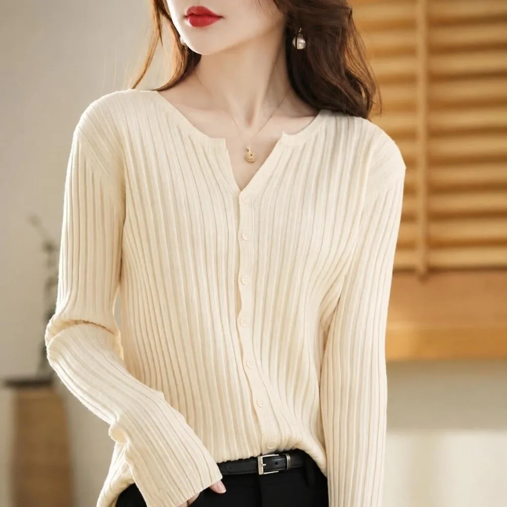 Chic Solid Color Knit Cardigan V-Neck Slim-Fit Design Women Sweater Long-Sleeved Women's Coat