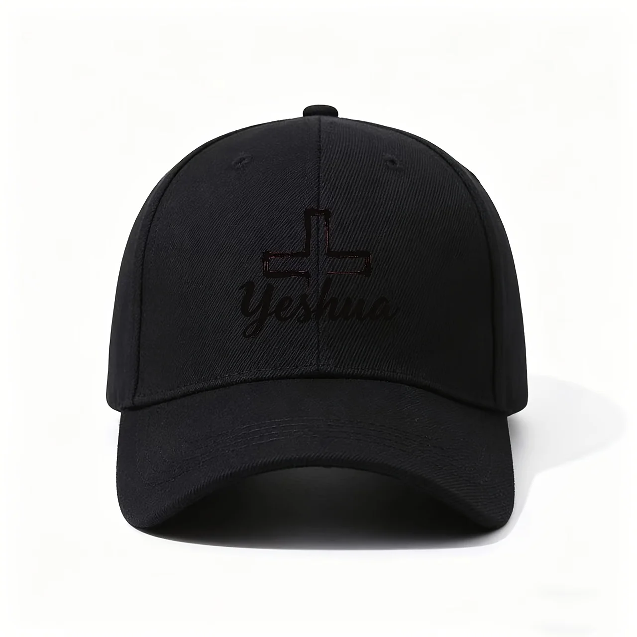 Baseball Cap, with the Yeshua Print Paired with a Hand-drawn Cross Design, Artistic Black Brushstroke Style, Adjustable Fit, Gre