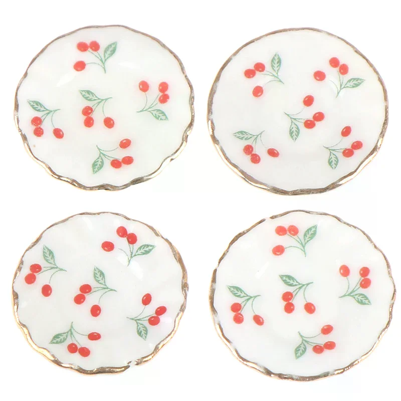 4Pcs 1:12 Dollhouse Miniature Cherry Dishes Plate Tableware Set Mini Kitchen Food Play Doll House Accessories Toys