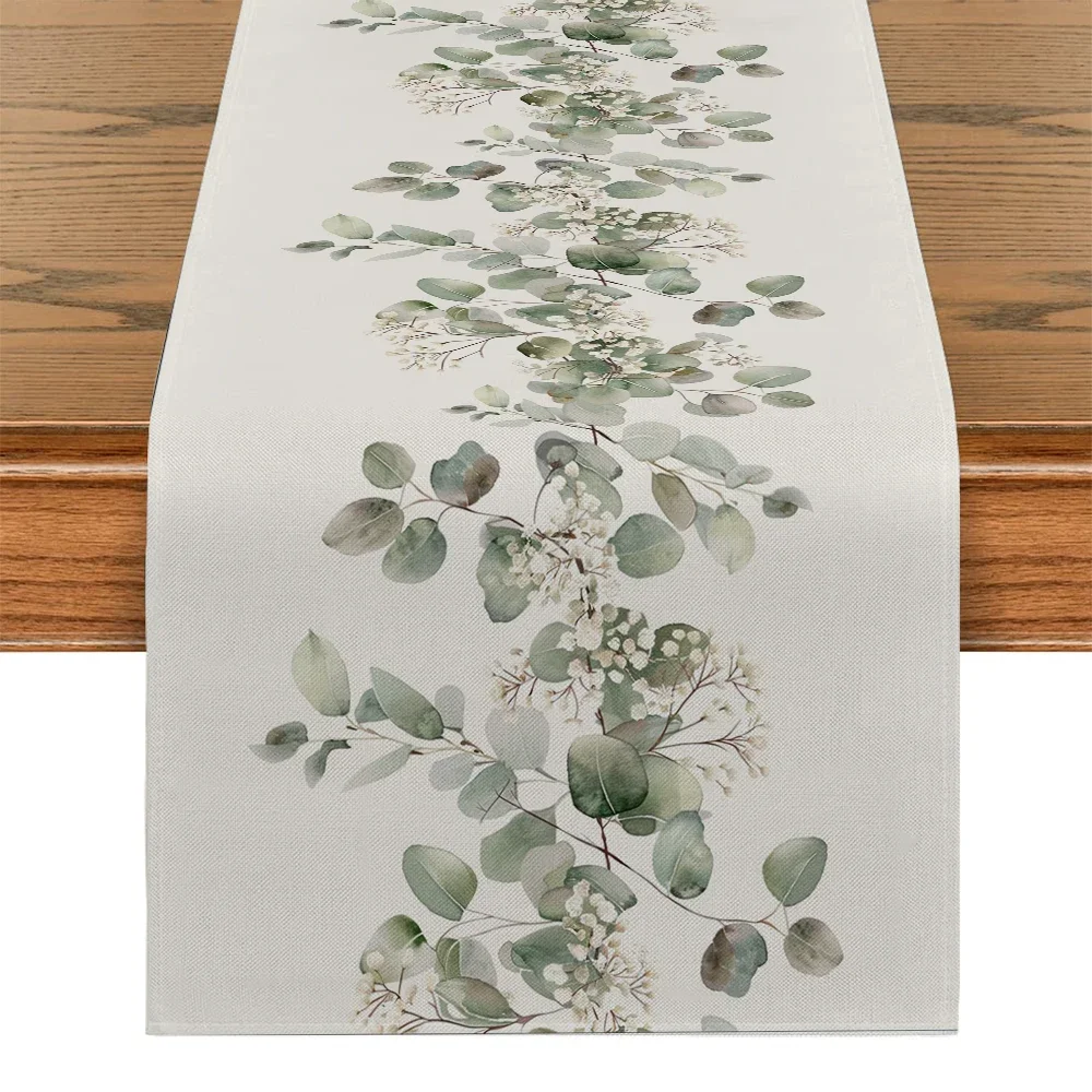 Plant and Flower Table Runner Dining Table Decoration Kitchen Supplies Watercolor Eucalyptus Table Runner Party Decoration