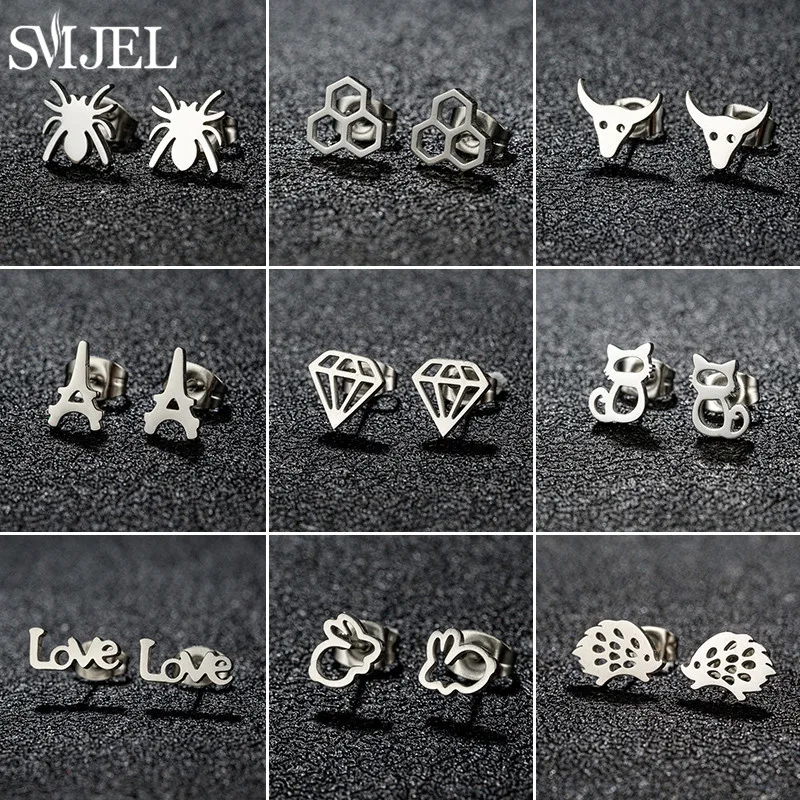 SMJEL Tiny Spider Stud Earrings for Girls Birthday Gift Cute Honeycomb Hedgehog Ox Head Earings Piercing Stainless Steel Jewelry