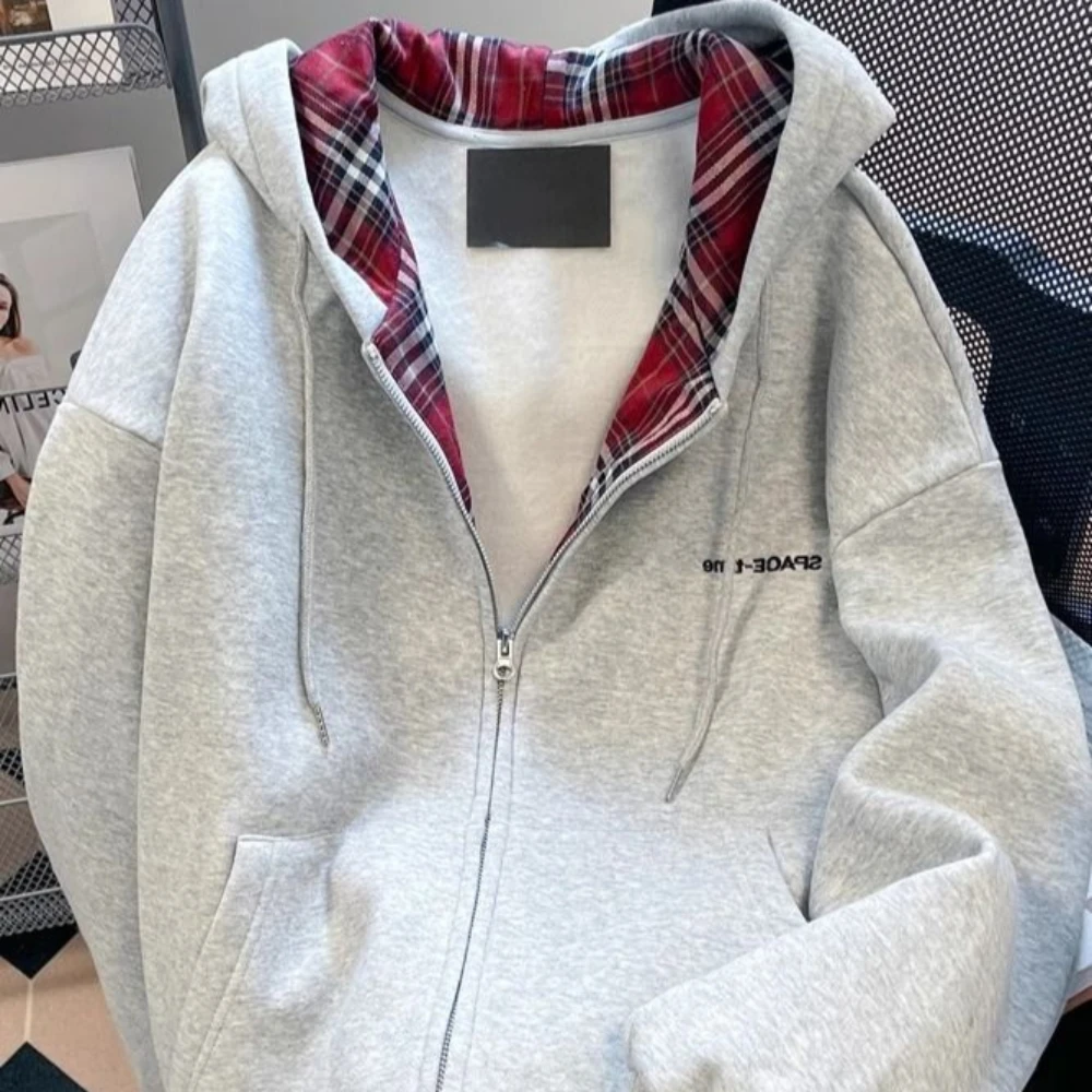 Zip Up Coat Women Autumn Red Lattice Stitching Autumn Winter Loose Plus Velvet Hooded Jackets Streetwear Ladies Hooded Jacket