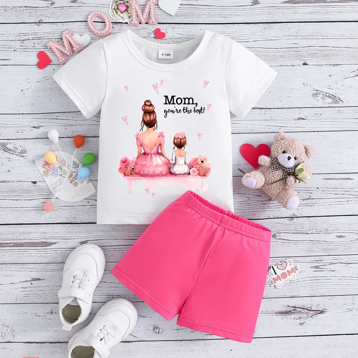 2PCS Summer Set Cute Letter Parent-child Flower Top Short Sleeve  T-Shirt Casual Shorts  Girls   Mother\'s Day Babies Children