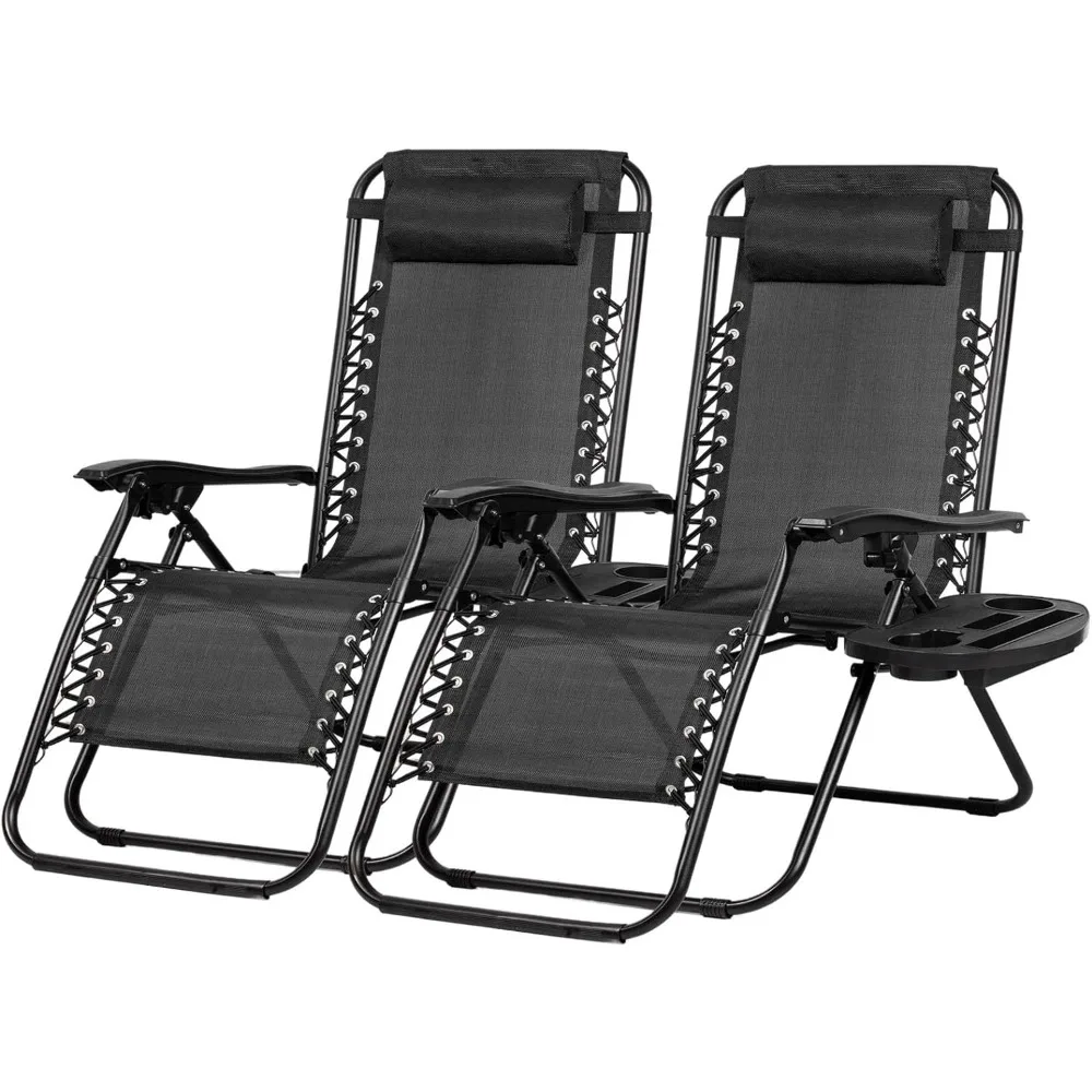 

Lounge Chair Set of 2 Relaxing Recliners Patio Chairs Adjustable Steel Mesh Zero GravityBeach Chairs with Pillow and Cup Holder