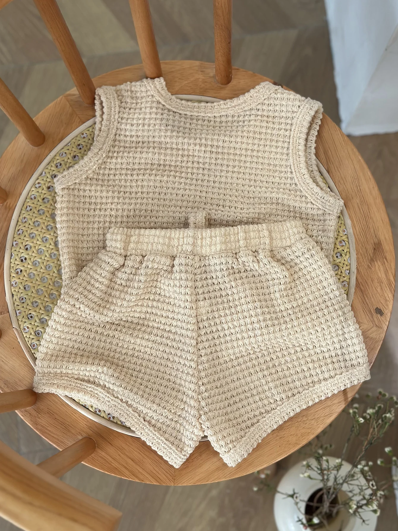 2pcs Summer Baby Waffle Shorts Set Toddler Girls Boys Sleeveless Top And Shorts Outfits Knitted Kids Simple Style Clothing Set