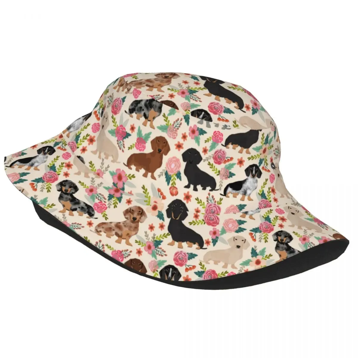 Summer Beach Getaway Headwear Dachshund Dogs Florals Merch Bob Hat Trendy Sun Hat Panamka Fishing Fisherman Caps Outdoor