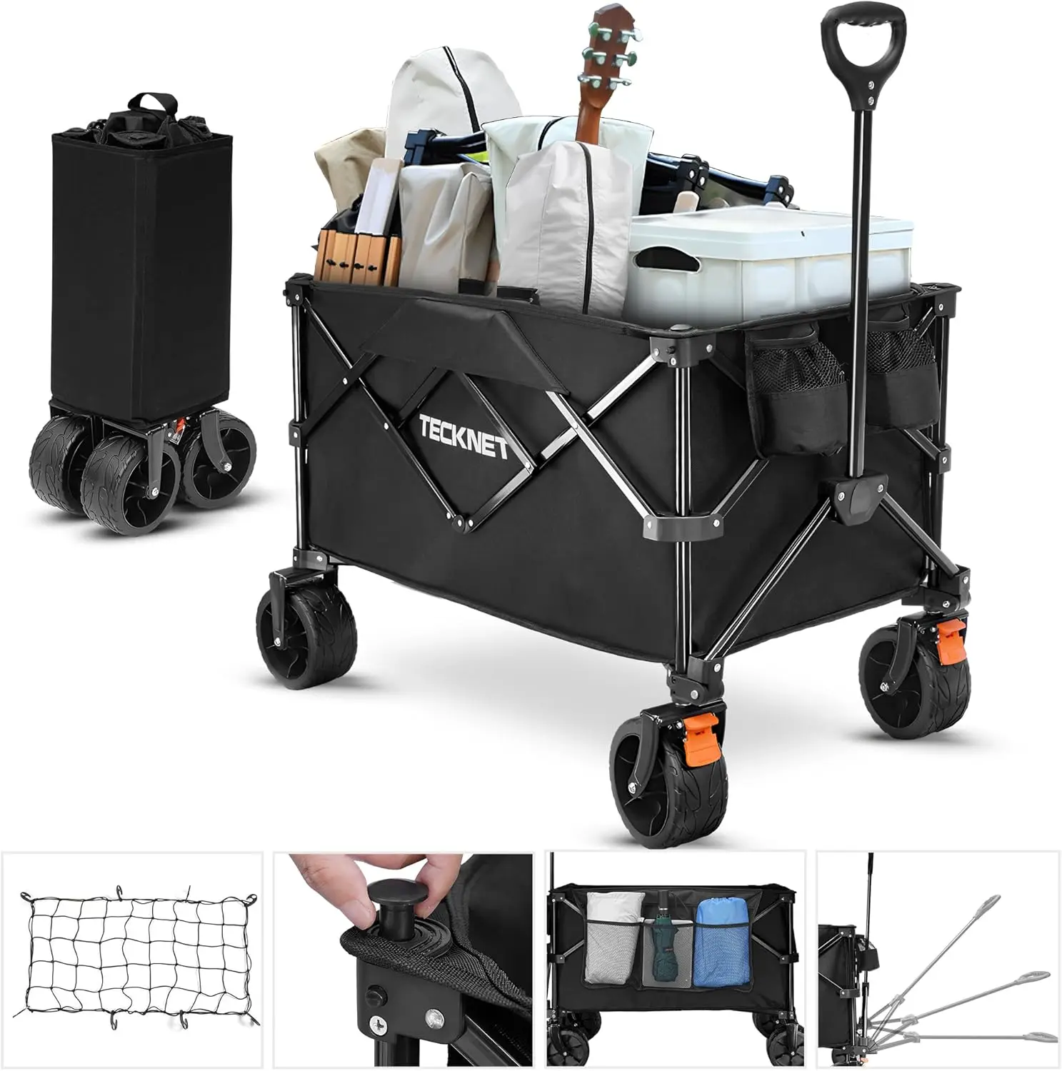 Tecknet Collapsible Foldable Wagon Cart, 150Kg/330Lbs Weight Heavy Duty Folding Wagon With All-Terrain Big Wheels, Utility