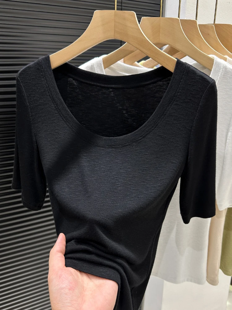 

Женская трикотажная футболка-базовый слой с низким воротом и рукавом до локтя, мягкая внутренняя одежда для зимы, красивая верхняя одежда для женщин