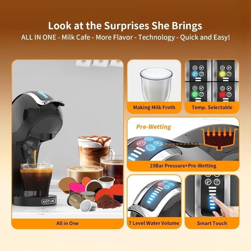 KOTLIE 5in1 19Bar Multicapsule Espresso Coffee Machine, Cold&Hot Brewing Single-Serve Coffee Maker, Cappuccino&Latte Maker,Black