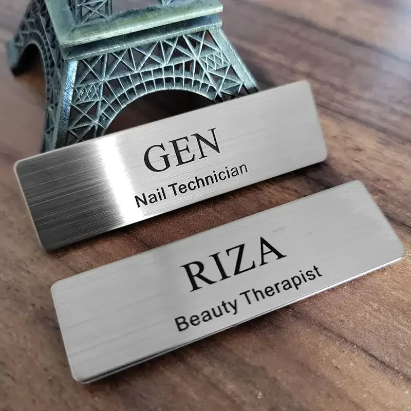 70x20mm Free Personalize Metal Name Plate Custom Engraved in Black With Your Text Brand LOGO Title Position Badge Needle Tag