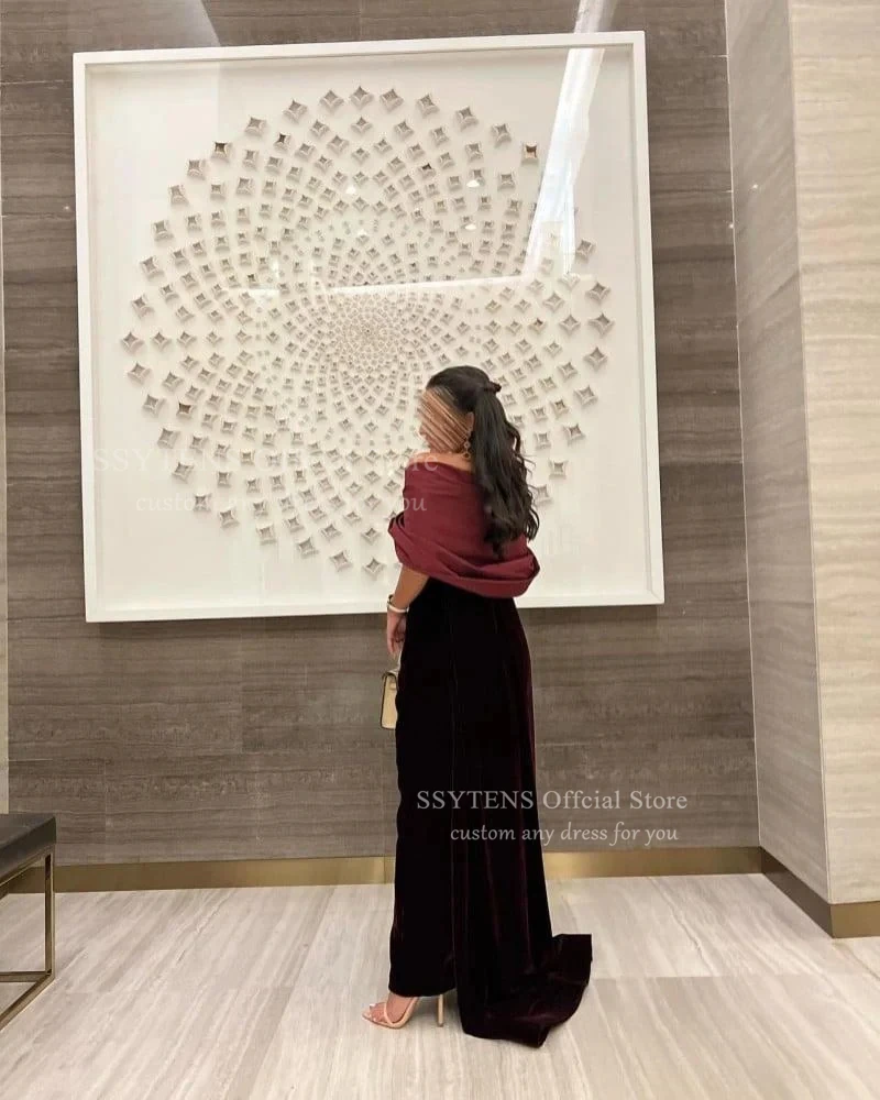 SSYTENS 高級ベロアイブニングドレス女性ボートネックフォーマルな機会シャーリングサイドスリットウェディングパーティーロングウエディングドレスカスタマイズ