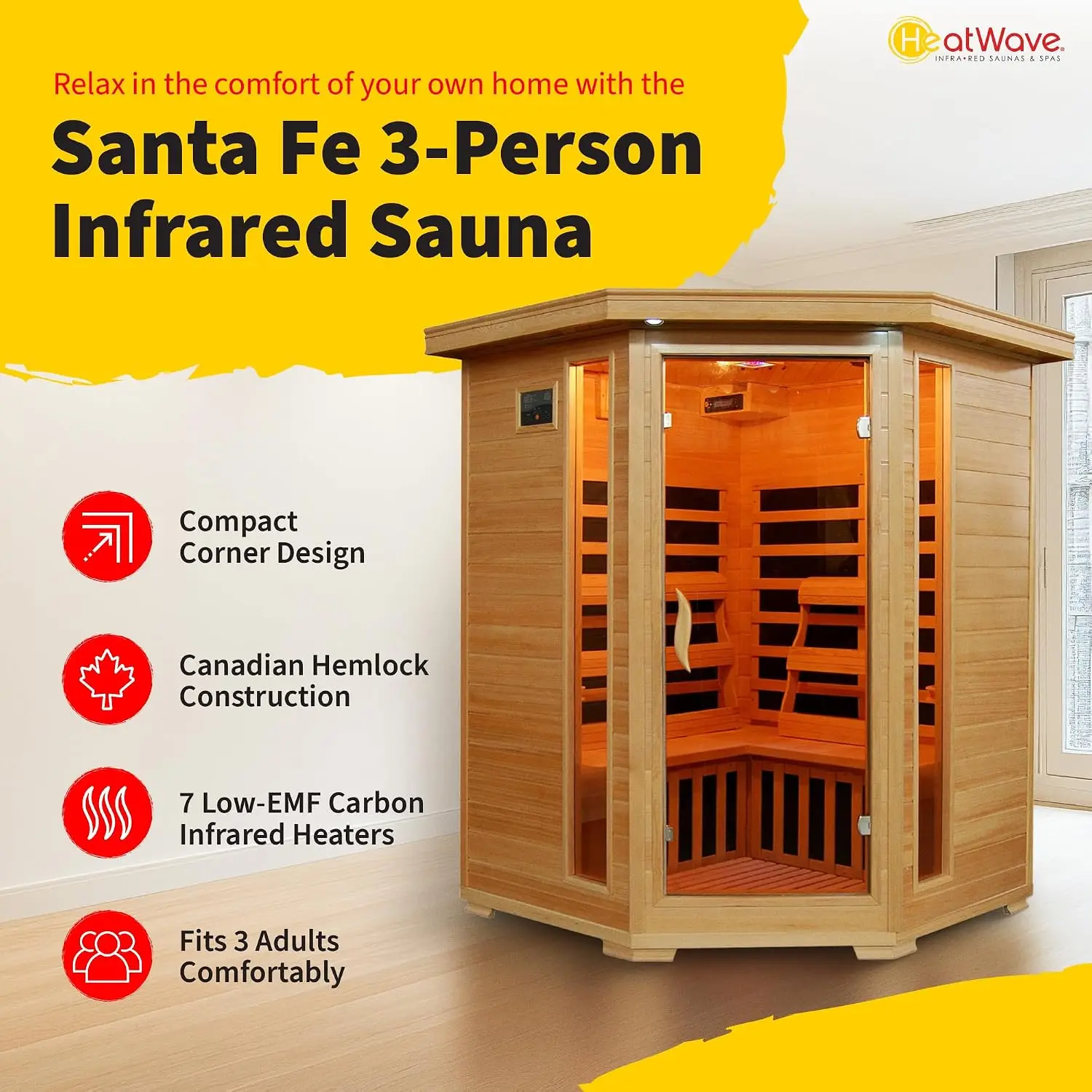 3-Person Hemlock Corner Infrared Sauna w/ 7 Carbon Heaters,Brown, Customized