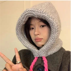 Women's Winter Chunky Rod Woolen Hats Warm Unisex Ear Protection Knitted Caps Drawstring Skin-friendly Soft Clothing Accessories