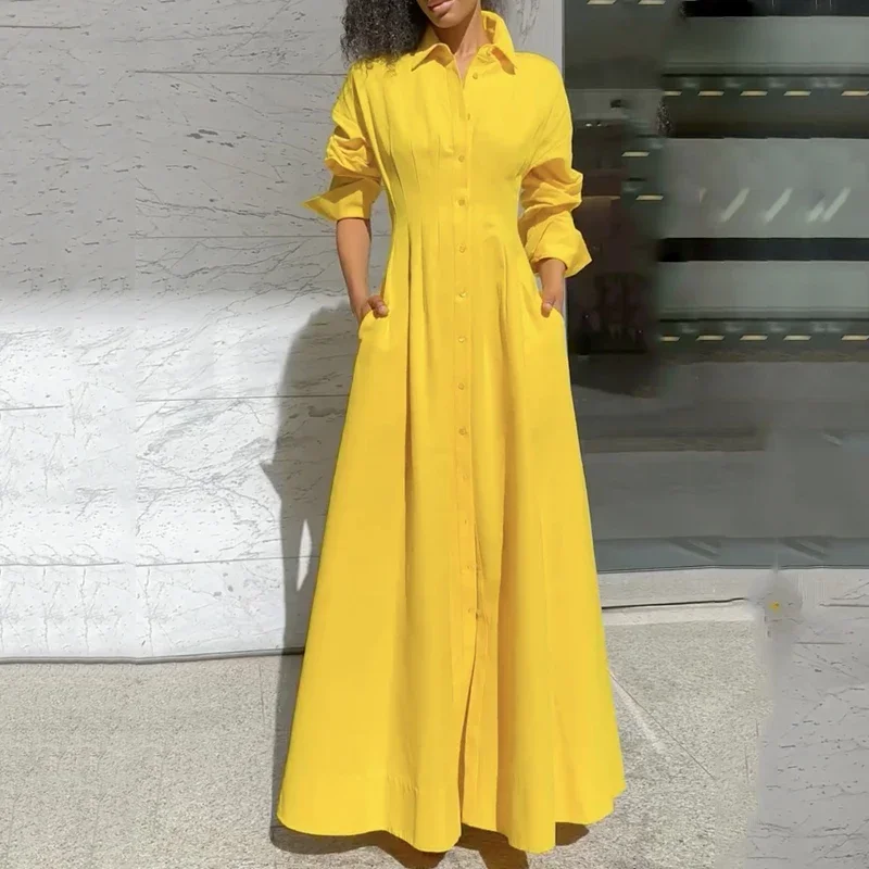 Krisnanas Yellow Shirt Dress Maxi Dresses for Women Pleated Split-Joint Long Sleeves Loose Lapel Shirt Dress for Party Evening