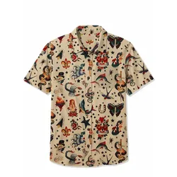 Retro Tattoo Ocean 100% Cotton Shirt Punk Men's Hawaiian Shirt Summer Short Sleeve Button Down Casual Shirt Tropical Pocket Tops