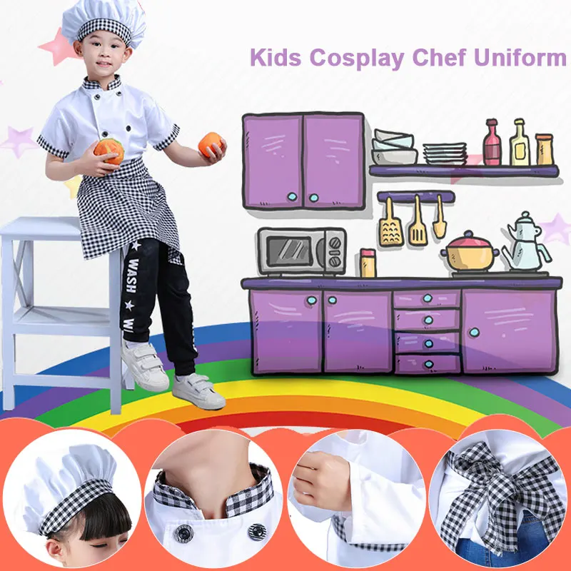 Uniforme de Chef para niños, gorro de cocina, chaquetas de trabajo, restaurante para niños y niñas, disfraz de Cosplay para fiesta puesta en escena de Halloween
