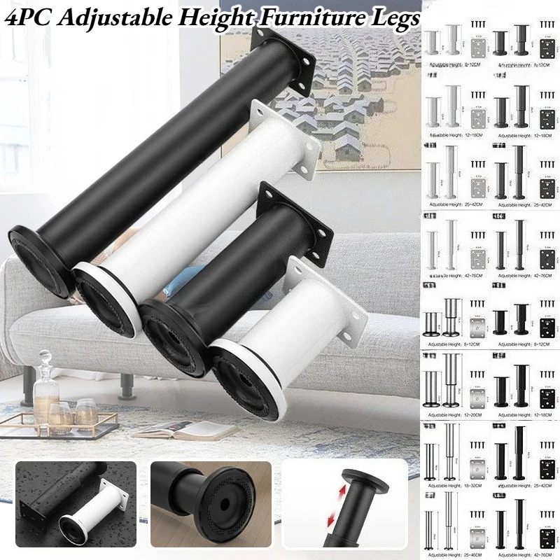 

4PC Adjustable Height Furniture Legs Black/White/Silver Telescopic Support Feet for Sofa Coffee Table TV Cabinet Bathroom Vanity