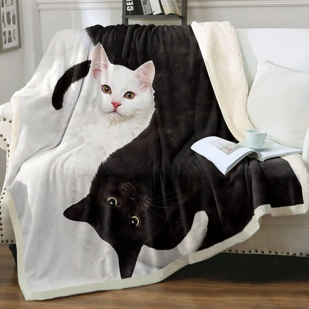 

Cute Blankets for Teen Girls Black and White Yinyang Cats Throw Blanket 3D Cats Pattern Fleece Blanket Kitten Sherpa Blanket