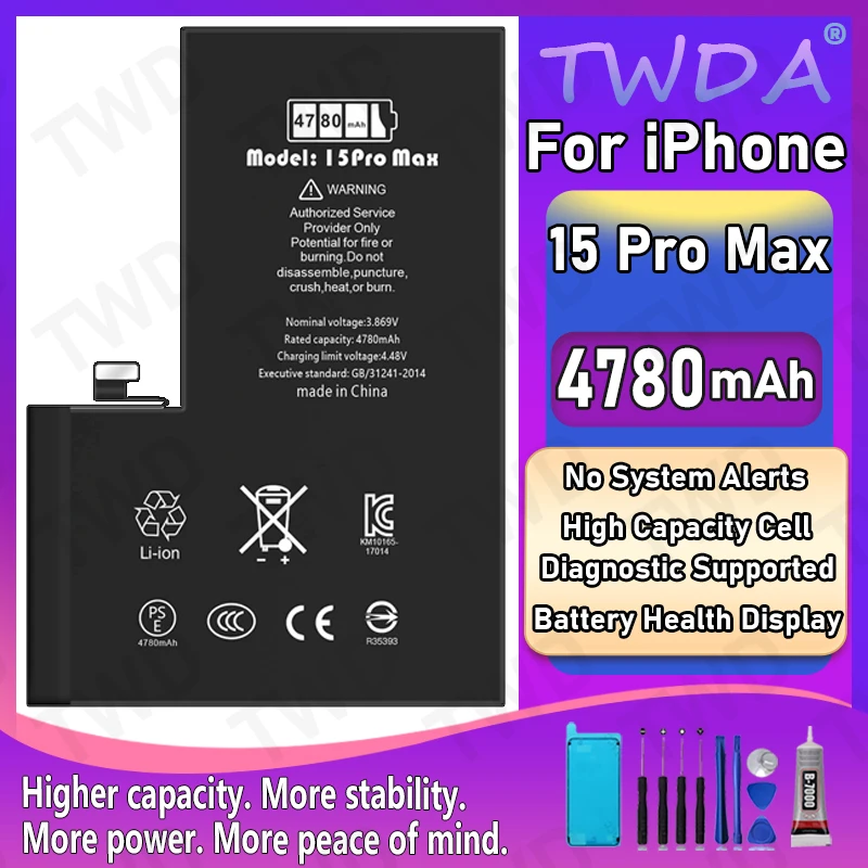 High Quality Diagnostic Battery 4780mAh For iPhone 15 Pro Max Health Display Stable Performance +Free Tools