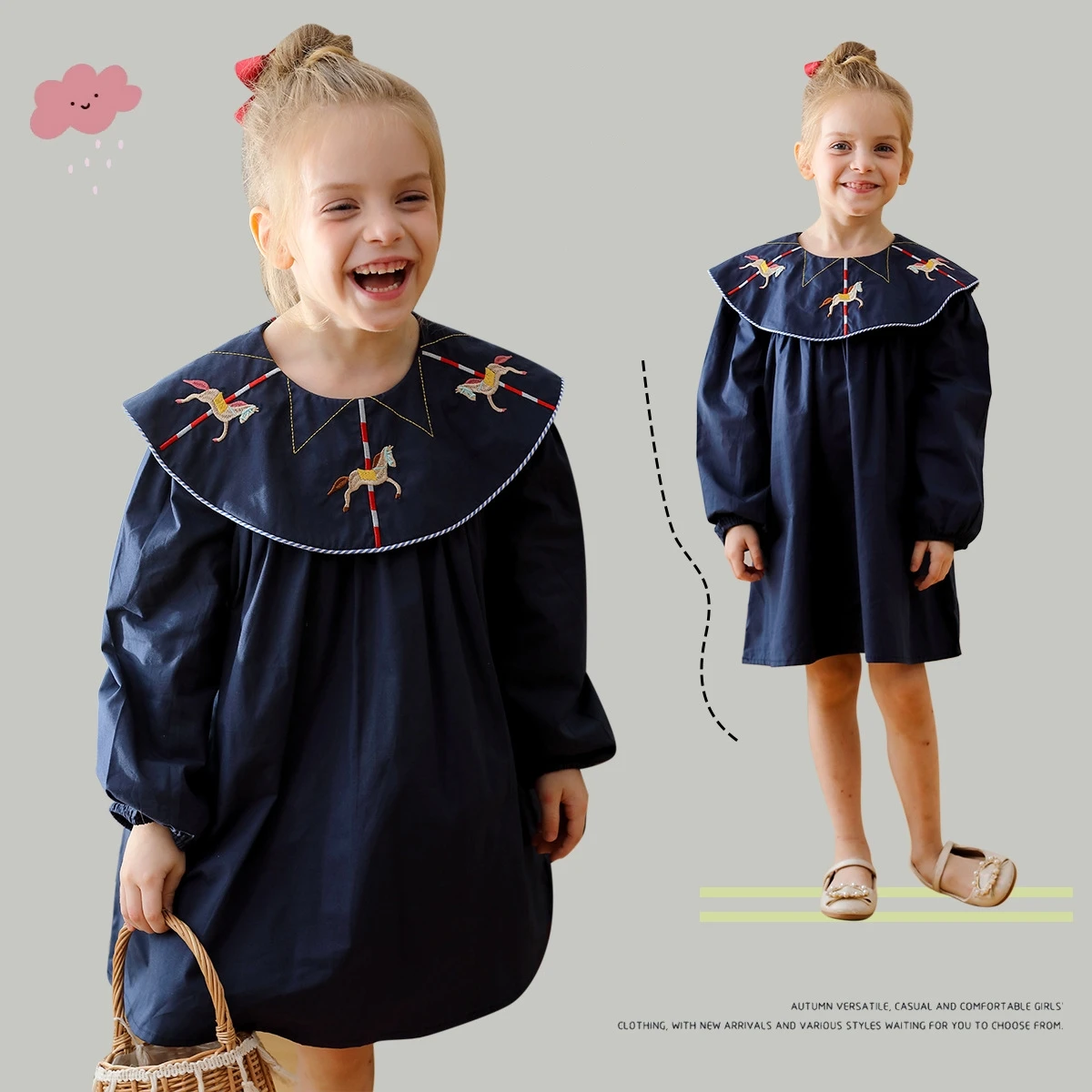 

Girls Dress 2024 Korean New In Autumn Vestidos Navy Blue Carousel Embroidery Large Lapel Princess Dresses Children's Clothing