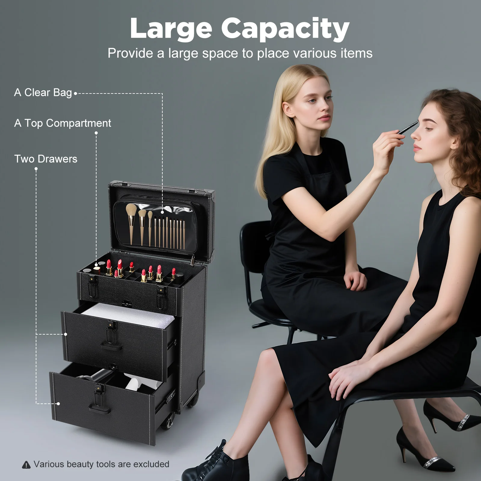 

Professional Makeup Nail Art Case Lockable with Adjustable Pull Rod 4 Universal Wheels Large Capacity 2-Drawer for Salon Travel