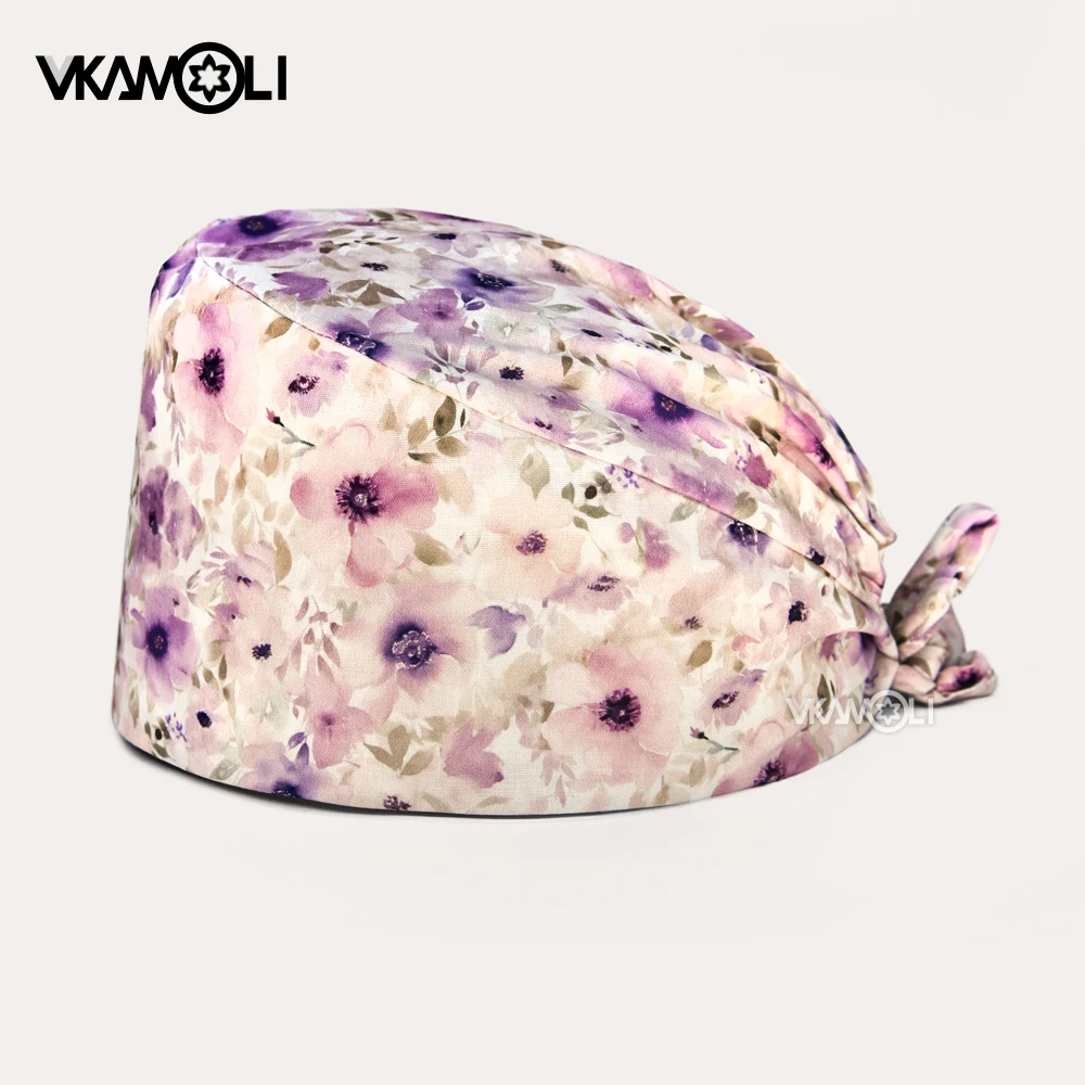 Gorro de algodón con estampado floral para enfermeras, gorro de trabajo médico de enfermería, accesorios de laboratorio, color púrpura