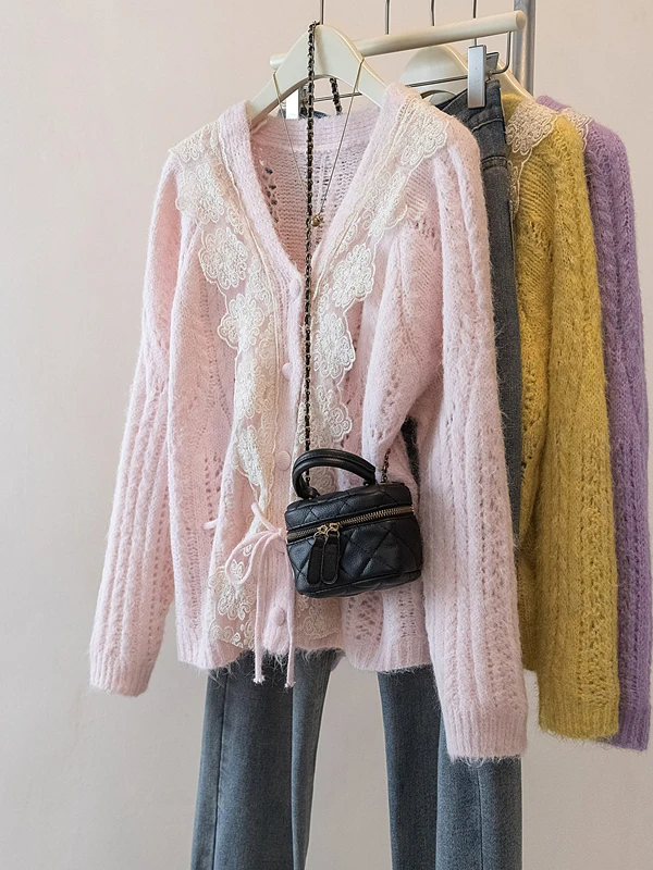 Pink Lace Trim V-Ne Knitted Sweater Women's Loose Fit Casual Sle Long Sve Top Hollow out Design plus Size Faionable
