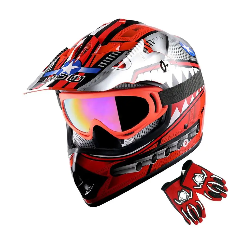 Casque de Motocross pour jeunes enfants, casque de moto, lunettes rouges requin MG, lot de gants rouges pour jeunes