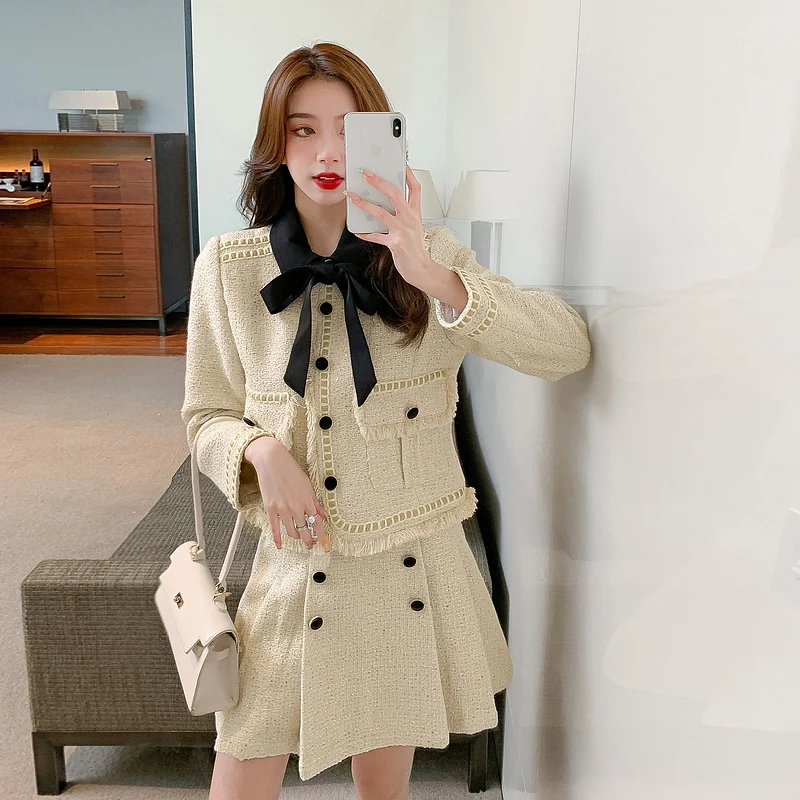 Winter Short Blazer Elegant Office Lady Tweed Coat High Waist A-line Mini Skirt Retro Female Two Piece Suit Jacket