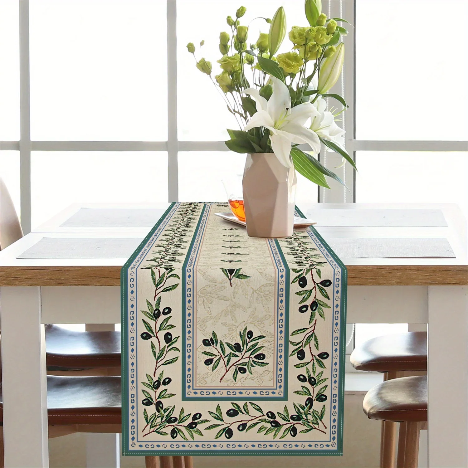 1Pc Vintage Olive Branch Table Runner Green Black Fruit Print Table Cover For Dining Kitchen Party Decoration Tabletop Decor