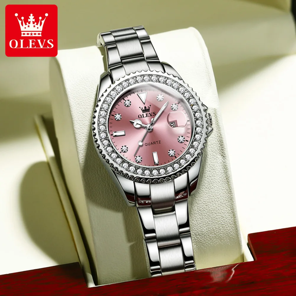 OLEVS-Reloj de pulsera de acero inoxidable para mujer, cronógrafo elegante de lujo con diamantes, fecha, rosa, Original, marca superior, 9945