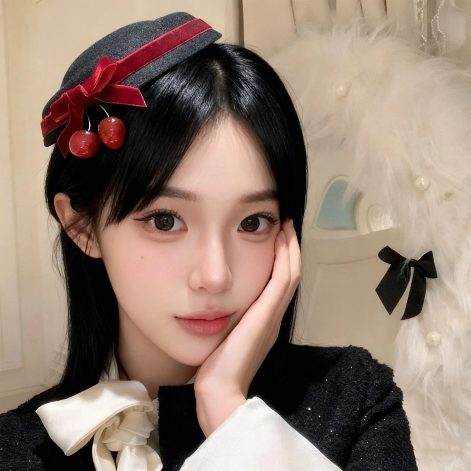 1PC Cream Velvet Cherry Beret Hat, Red Bow Decor Fashion Cap, Elegant Daily Headwear, Stylish Outfit Matching Hat
