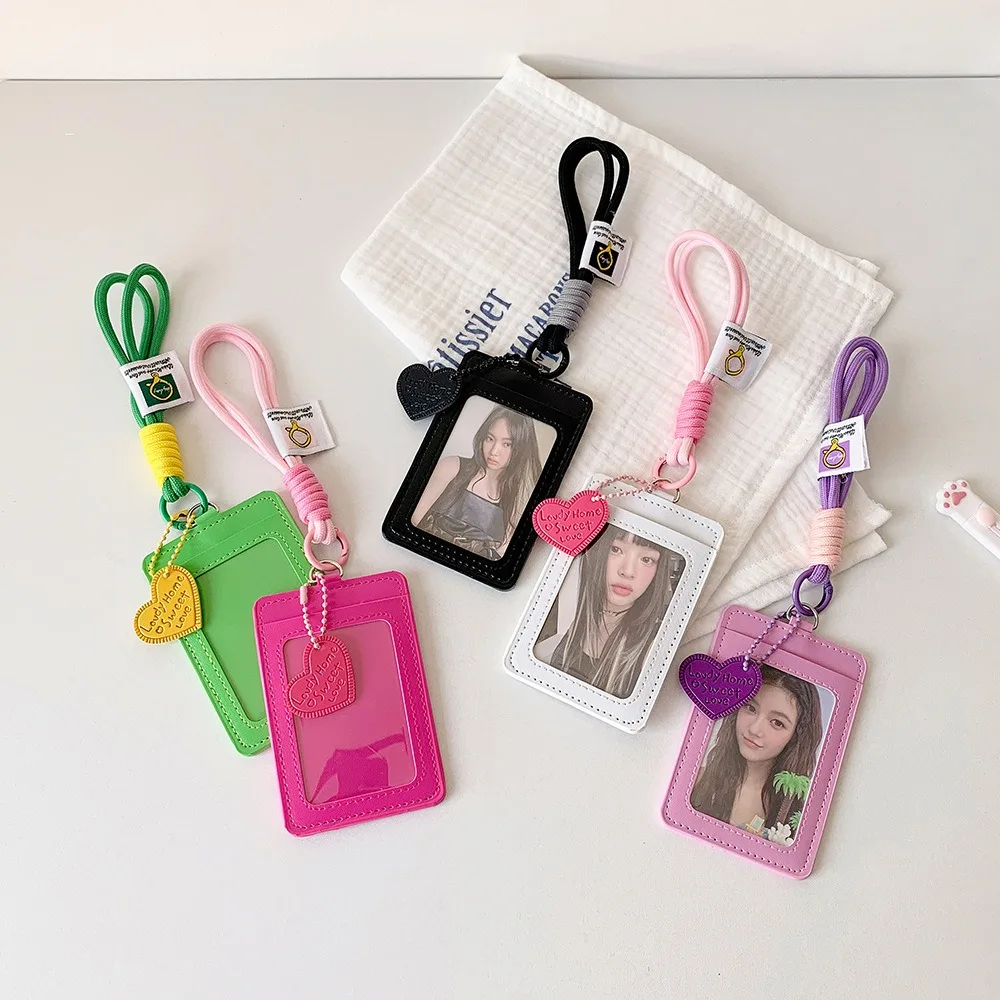 ID Card Protective PU Leather Bus Card Cover Credit Card Love Heart Pendant ID Card Holders Key Chain Student
