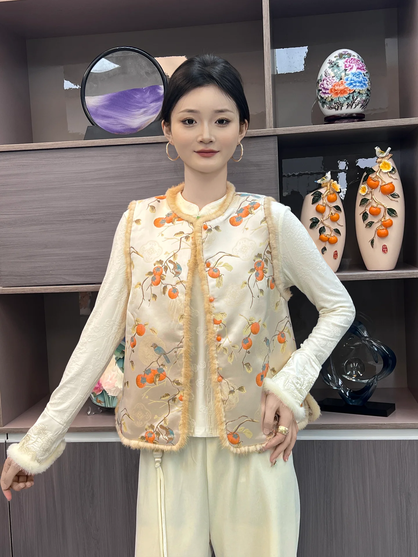 

Ele round Ne Svel Cotton Vest for Women High-End Pearl Button Water Rabbit Fur Collar Commute Sle Winter New Ar...