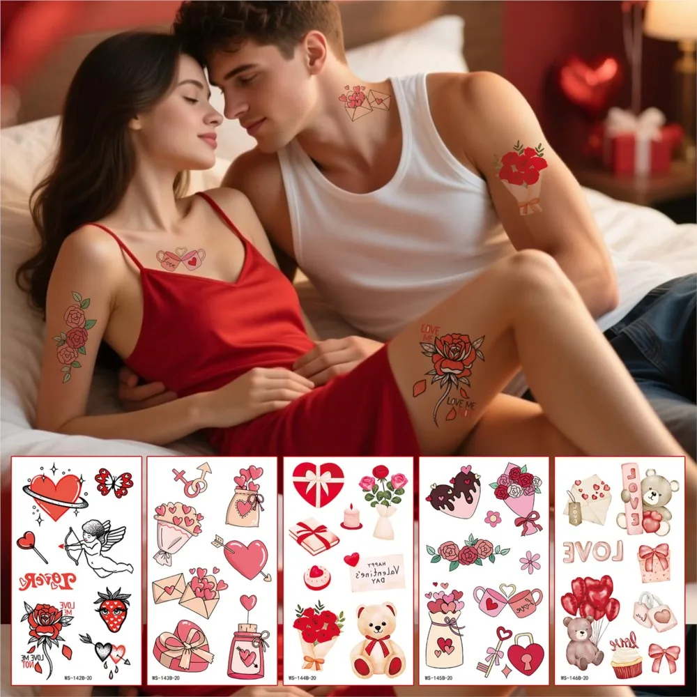 

20 Sheets Sweet Love Heart Temporary Tattoos Rose Angle Tattoo Stickers for Leg/Arms/Body Waterproof Valentine's Day Fake Tattoo