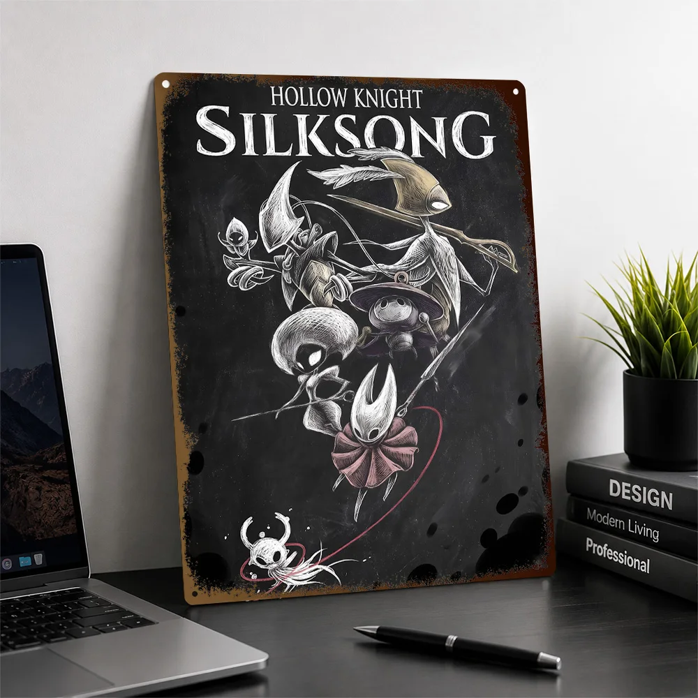 Hollow Knight Silksong Character Ensemble Textured Poster Customized Metal Tin Sign Dark Realm Style Wall Art Enhances Bedroom
