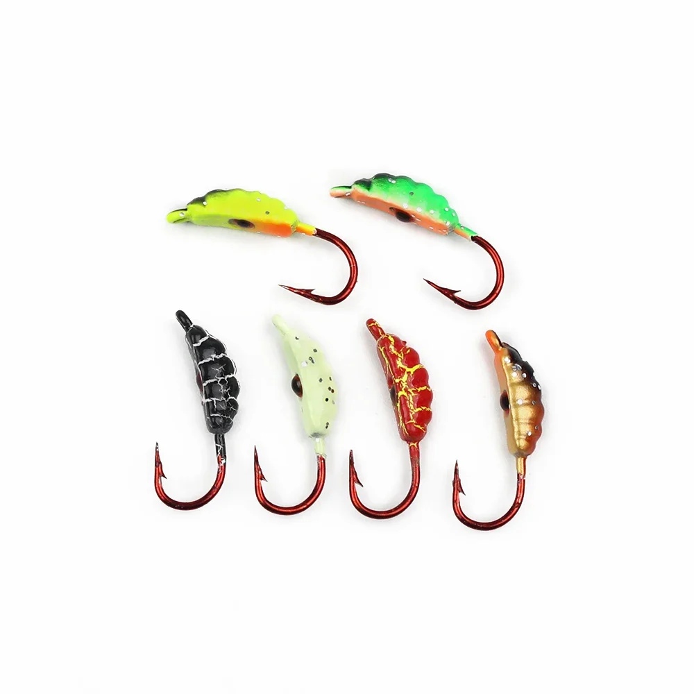 6Pcs/Lot Winter Ice Jig Mini Maggot Worm Eye-Shaped Sinking Lead Head Hook Metal Bait Fishing Lure Jigging Fishing