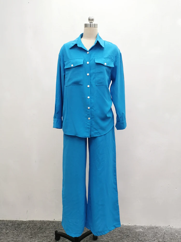 Straße Lose Feste Hemd Hosen Zwei Stück Set Frühling Frauen Revers Lange Ärmel Hemd + Hohe Taille Kordelzug Gerade Hose outfit