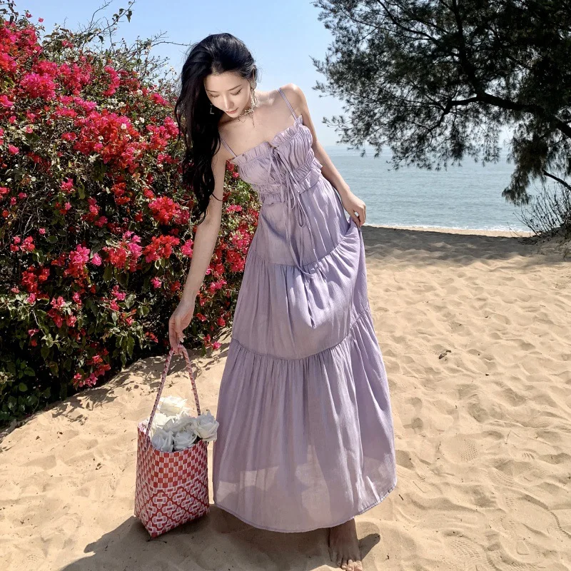 Summer Maxi Dresses for Women Hollow Out Backless Tie Dye Boho Floral Long Dress Beach Party Vacation