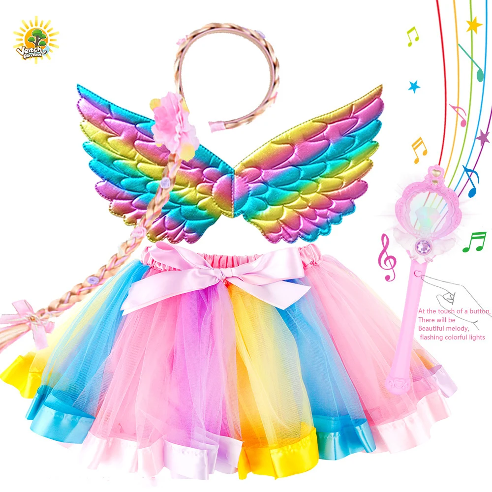 

Children Girl Grooming Toy Halloween Role-Playing Costume Flashing Magic Wand Princess Veil Wing Necklace Wig Jewelry Set Toy