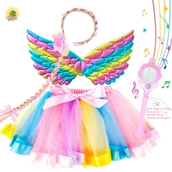 Children Girl Grooming Toy Halloween Role-Playing Costume  Flashing Magic Wand Princess Veil Wing Necklace Wig Jewelry Set Toy