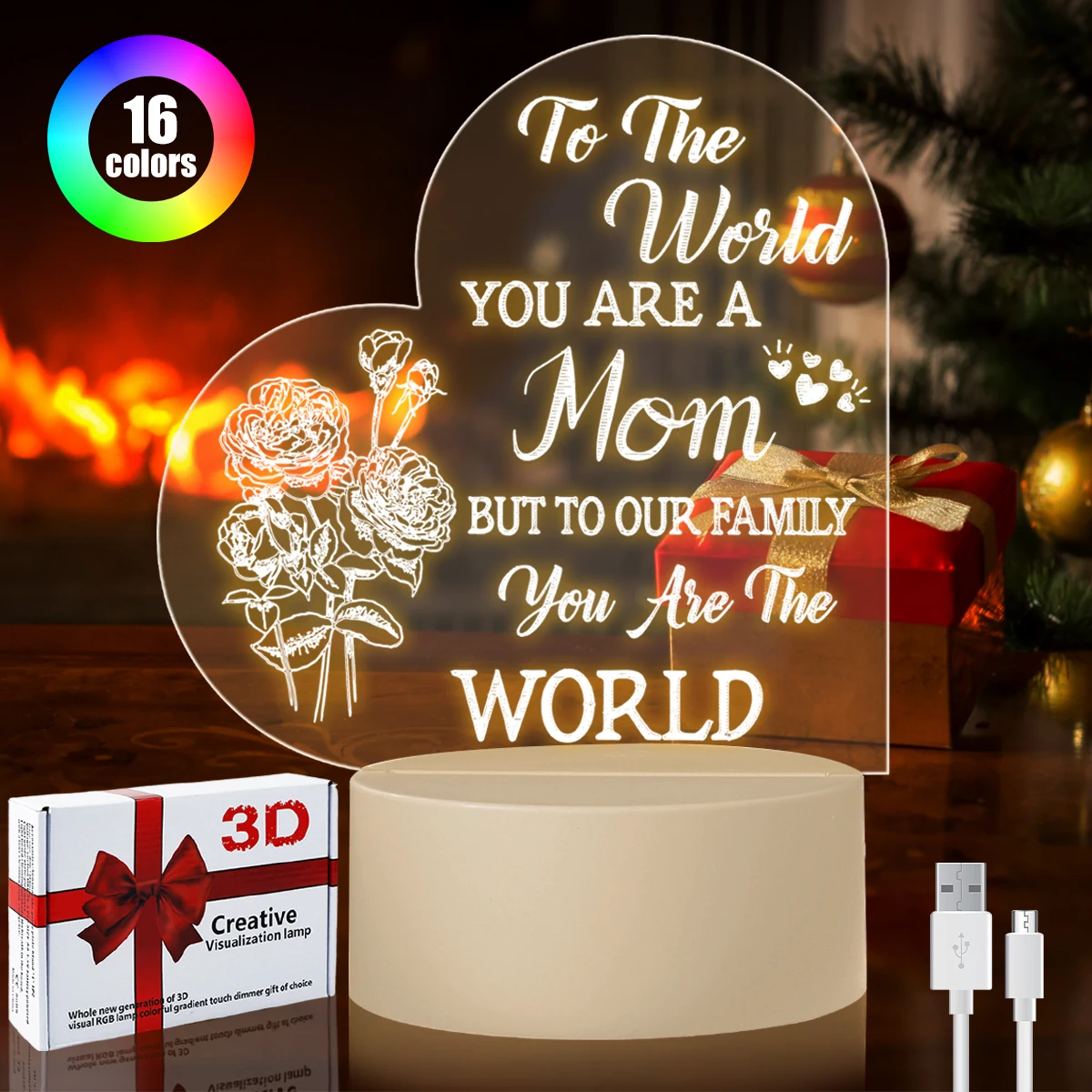 Acrylic Night Light with Plastic Base Unique LED Night Lamp with Engraved Sayings USB Powered Acrylic Night Light Heart-Shaped