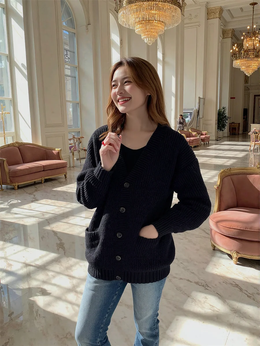 Kardigany 2025 Dekolt w serek Luźne Rozpinane Swetry Dzianinowe Bluzy Odzież Damska na Jesień Z Detalem z Żebrowanej Tkaniny Dzianiny z Przodu OL