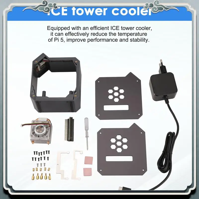 

Premium Mini Tower Fan With Case Kit With Ice Tower 0.96 Screen Dispaly Power Supply For Raspberry Pi5