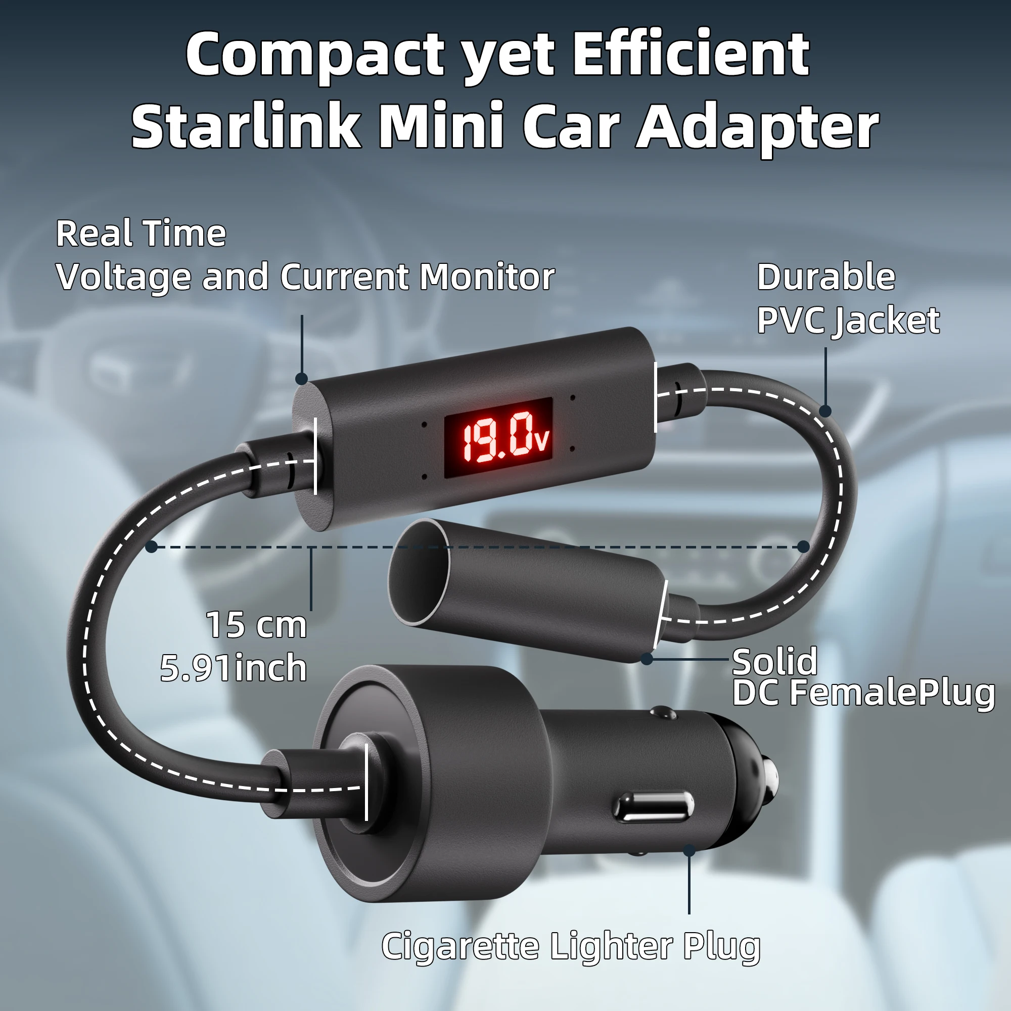 Starlink mini-autoadapter met step-up booster en realtime spanningsstroommonitor sigarettenaansteker voedingsadapter DC-stekker