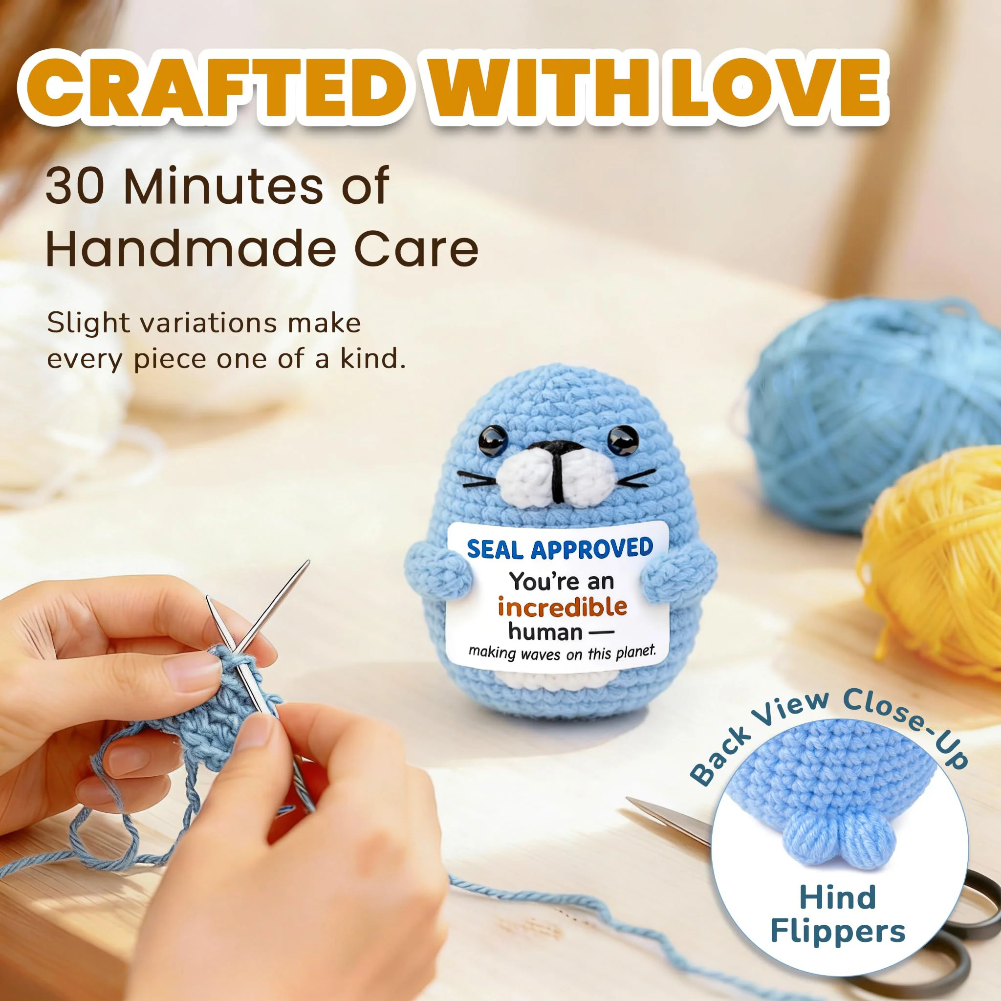1 Piece of Fun Handmade Crocheted Positive Seal Doll, Creative Holiday Birthday Plush Toy Gift, Emotional Encouragement and Support Decorative Ornament Doll, Valentine's Day, Birthday Gift for Friends, Couples, Classmates, Christmas Stocking Stuffer Gift