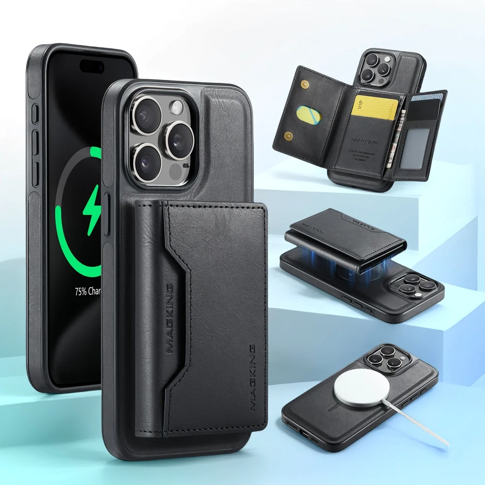 

Magnetic Card Holder Wallet Case for iPhone 16 15 Plus 12 13 14 Pro Max Magnet Detachable Money Stand Leather Cover