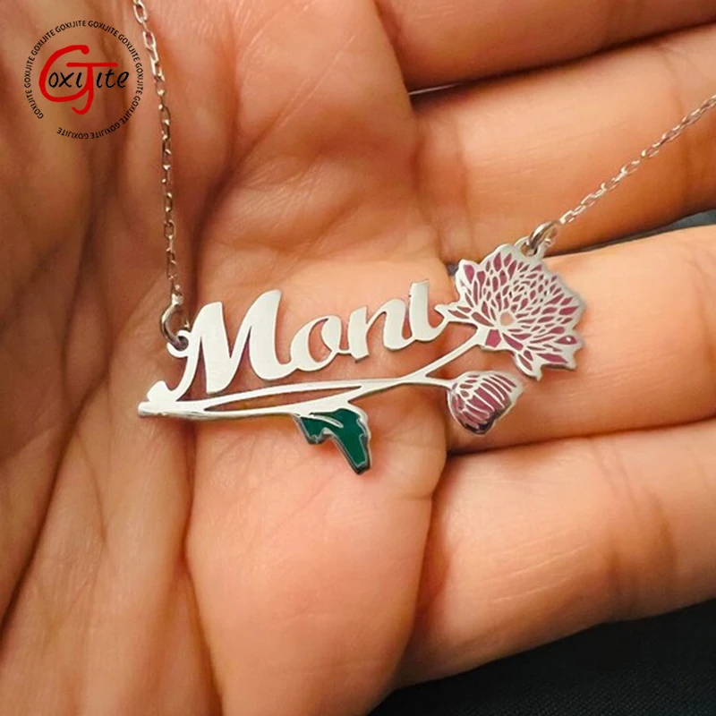 Goxijite Custom Name Color Printing Daisy Rose Floral Women Necklace Stainless Steel Nameplate Collar Personalized Jewelry Gift